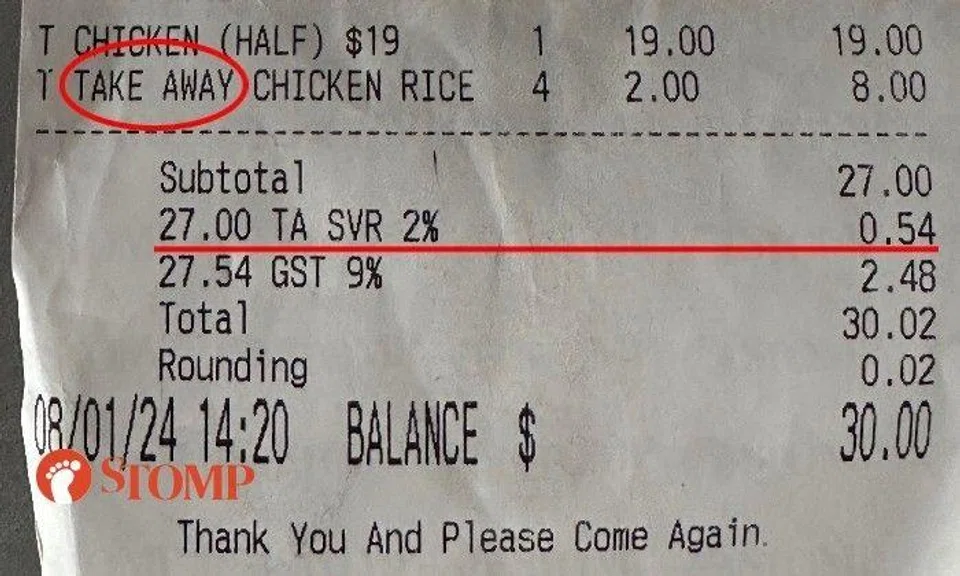 A photo of the receipt showed that the table number was 60 and the service charge was 54 cents for $27 worth of food.