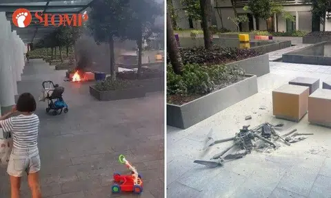 The drone crash-landed, resulting in a fire that was quickly put out by residents. There were burn marks on the floor, but no injuries were reported, CAAS said.