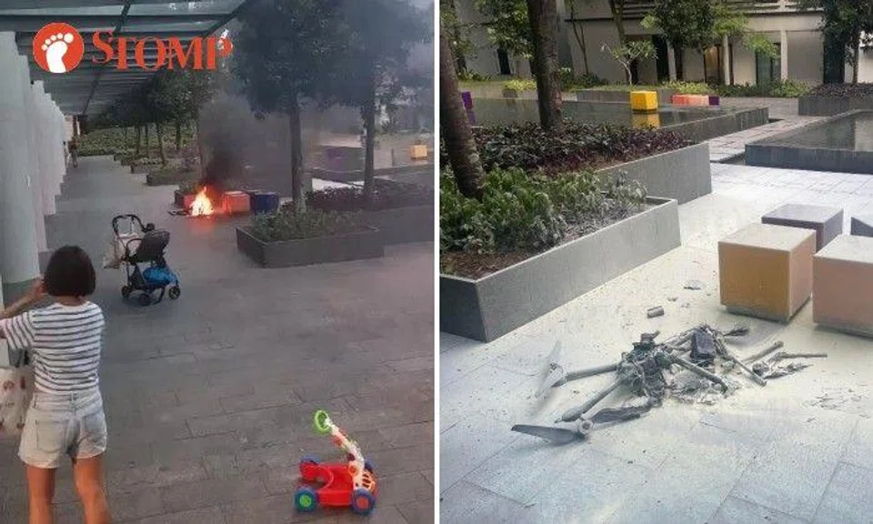 The drone crash-landed, resulting in a fire that was quickly put out by residents. There were burn marks on the floor, but no injuries were reported, CAAS said.