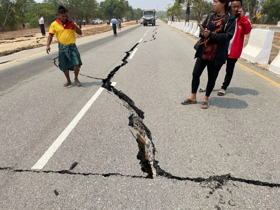 A damaged road on the Naypyitaw-Yangon highway after a 7.7-magnitude earthquake struck Myanmar on March 28.