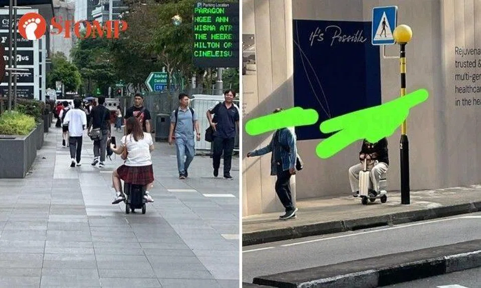 People riding motorised luggage on public footpath at Orchard Road even though it's not allowed