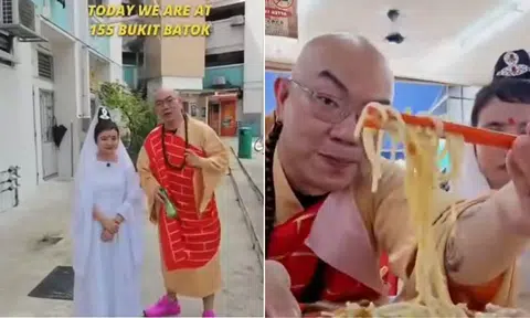 Food vlogger slammed for dressing as monk and Guanyin to review Hokkien mee in Bukit Batok