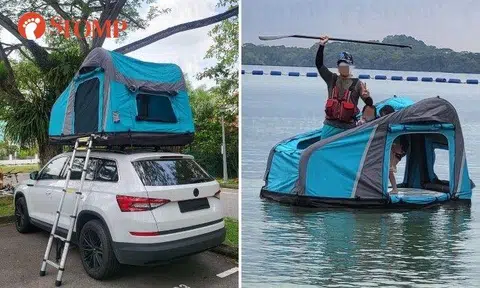 The car rooftop tent can also turn into a boat.