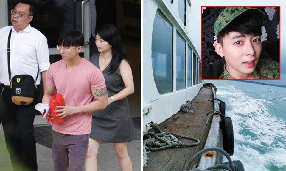 Jefferson Pang (left) exiting the Mandai Crematorium complex on Monday (Jan 28) bearing the ashes of his youngest brother Aloysius Pang. PHOTO: Lianhe Zaobao