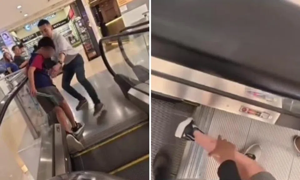 Video shows boy's shoe getting stuck on escalator in Lucky Plaza and man trying to pull him off