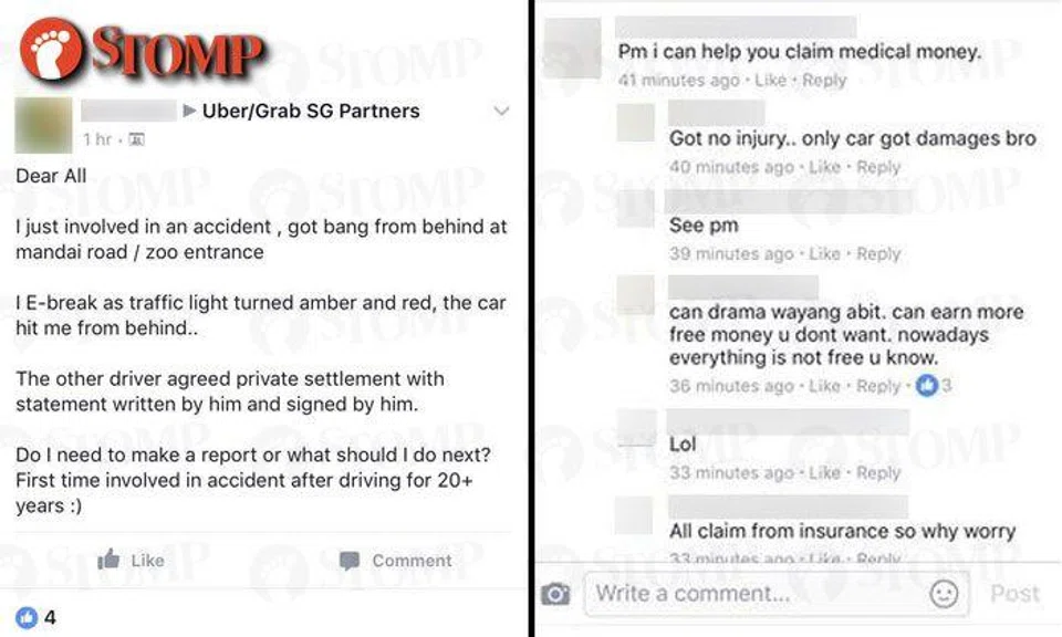 Grab driver posts about accident on FB group, and is told to claim medical insurance despite not being injured