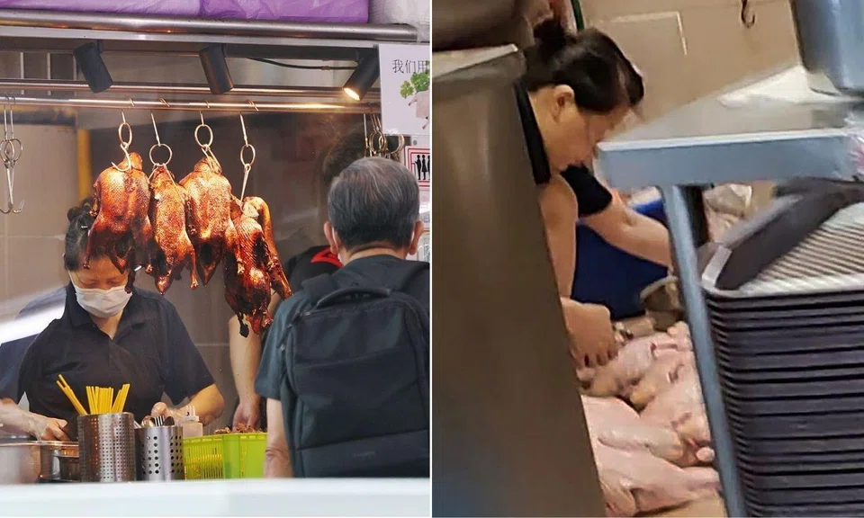 A braised duck stall in Commonwealth has sparked food safety concerns after the stall holder was seen handling raw duck on the floor.
