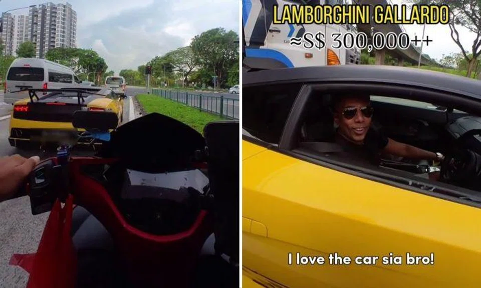 Taken from the point of view of the rider, the video shows Koocester coming to a stop next to the yellow Lamborghini at a traffic light junction.
