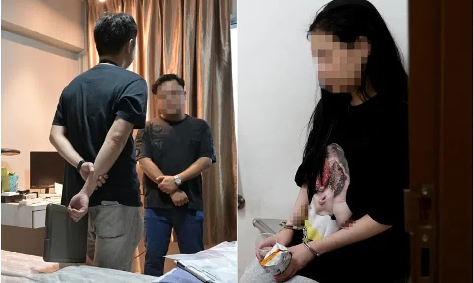 An ICA officer interviewing a man (left) suspected of being in a sham marriage during a raid on Dec 11, 2024. A Vietnamese woman suspected of being in a sham marriage was also arrested.