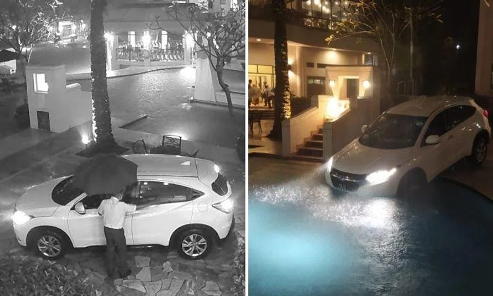 The security guard told the driver to reverse his car but the driver ignored him. CCTV footage shows that the driver continued forward and then turned right into the wading pool.