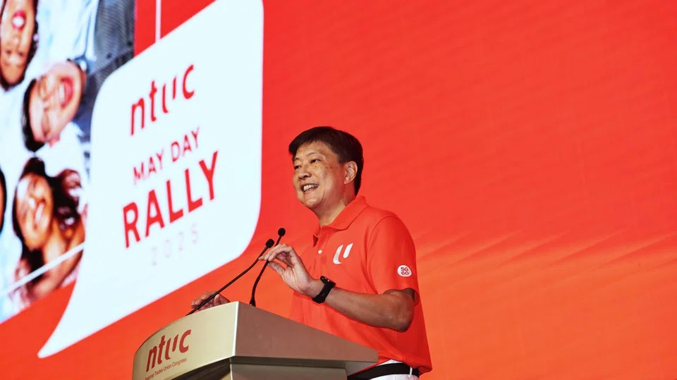 Labour chief Ng Chee Meng delivers his opening address at the May Day Rally 2025.