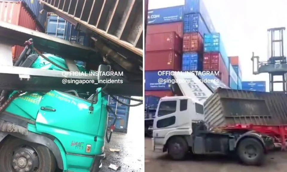 A video of the incident on Facebook page Singapore Incidents showed that the driver’s cabin of the green prime mover had been crushed by the container stacker as well as several containers that had also toppled over.