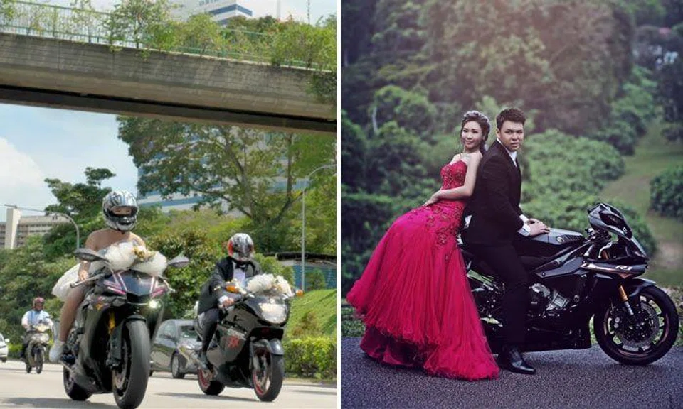 Singaporean couple rides with motorcycle convoy -- right up to wedding reception
