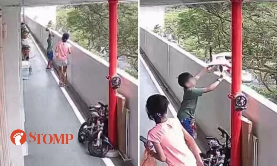 A boy was caught on video throwing a rock and a bicycle from the corridor of an Ang Mo Kio HDB block.