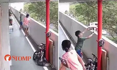 Boy throws large rock from Ang Mo Kio HDB corridor, then tosses bicycle and flees with girl