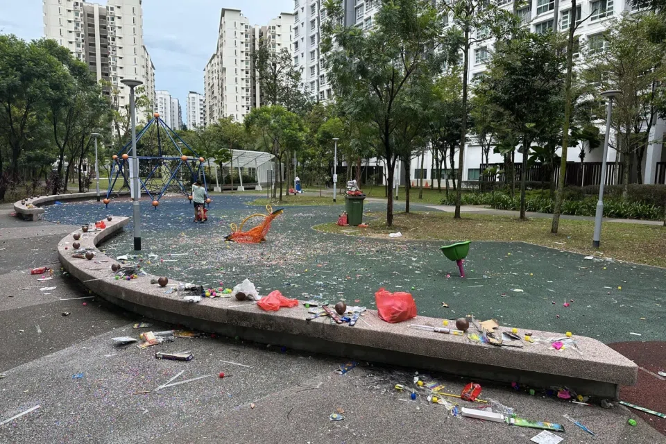 Punggol residents woke up to a playground full of trash the morning after the celebrations.