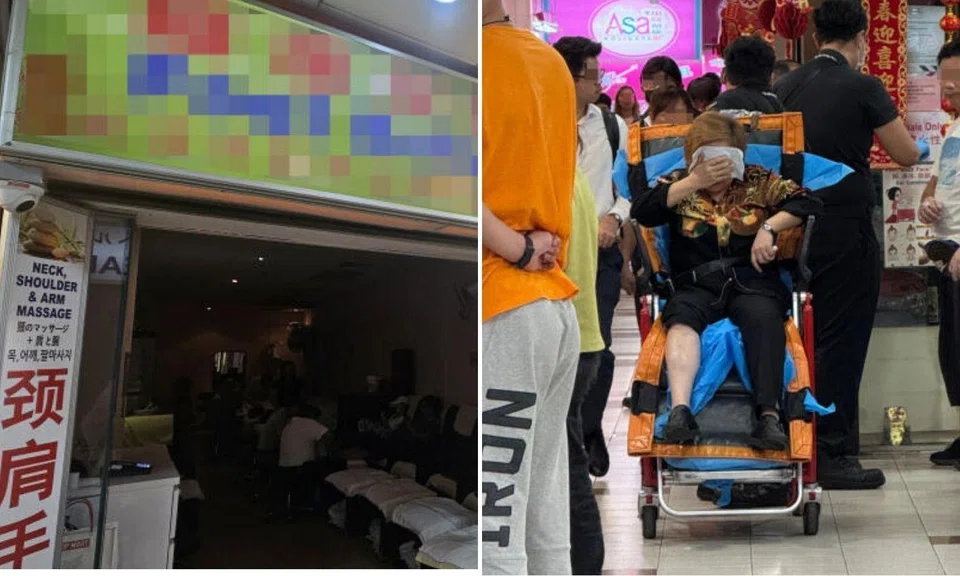 A woman was taken to the hospital following a dispute over a shop's blocked signboard at People's Park Complex.