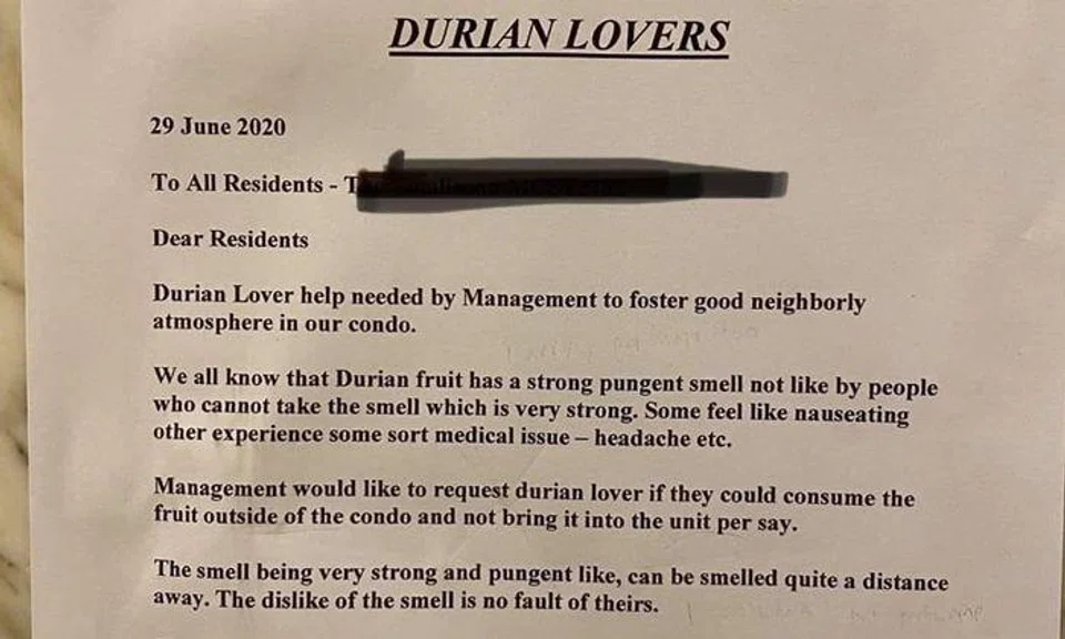 Condo denies putting up notice telling residents not to eat or bring durian into premises