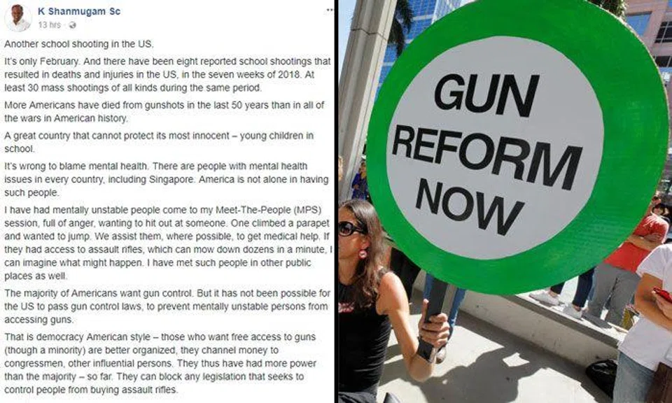 Protesters hold signs as they call for a reform of gun laws three days after the shooting at Marjory Stoneman Douglas High School, at a rally in Fort Lauderdale, Florida, U.S., February 17, 2018 (right). PHOTO: REUTERS/Jonathan Drake
