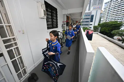 (From left) Pupils Ferrina Phuah Ru Xu and Nakshatra Yogaraja and other Girls’ Brigade members deliver wish items to beneficiaries at Jalan Kukoh on May 22.