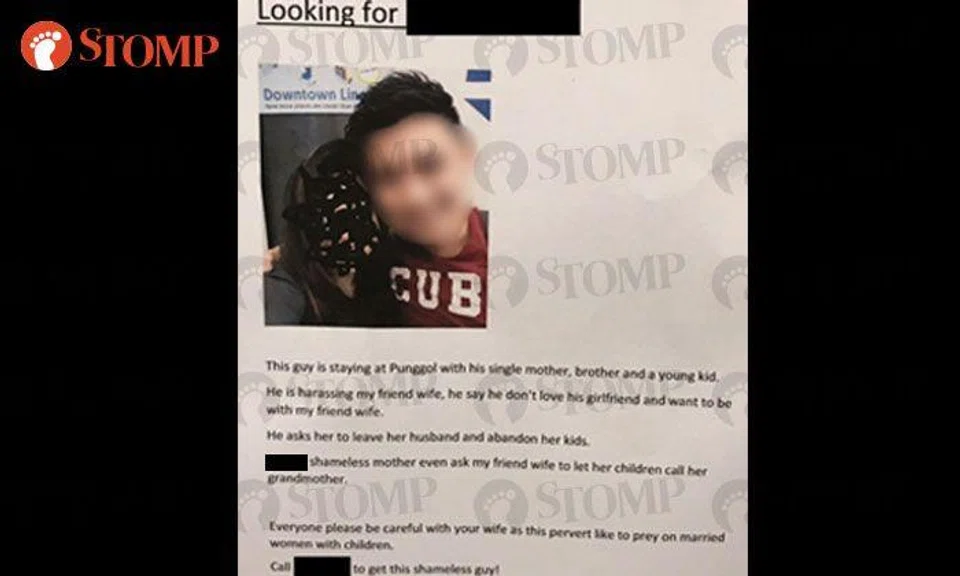  Posters claiming 'Yan Dao' man harassed married woman put up at Punggol void decks