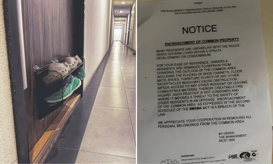 Residents said that the management company prohibits shoes, shoe racks, and floor mats from being placed in the corridor. 