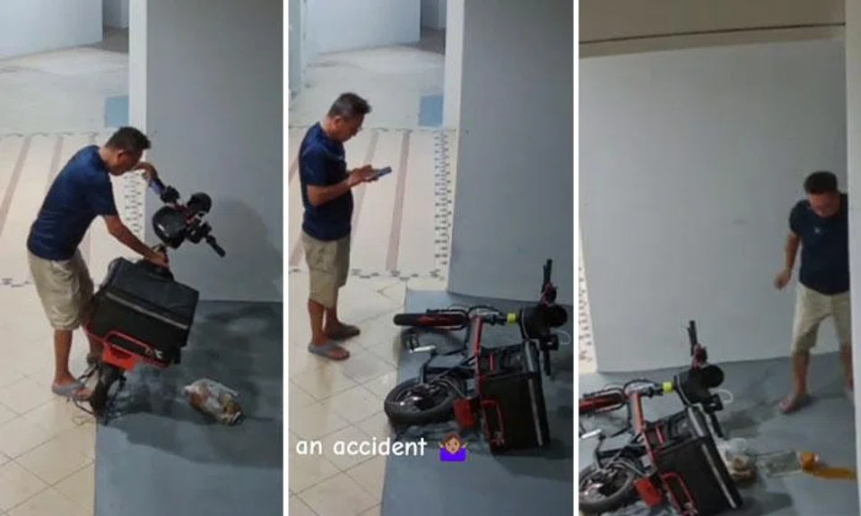 Food delivery rider stages accident outside flat