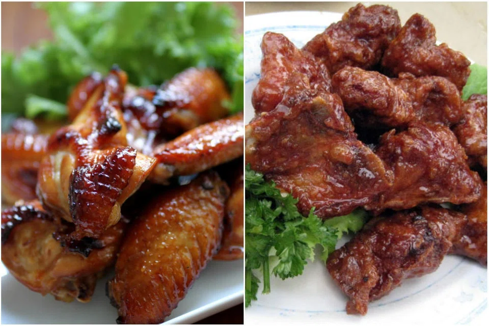 Marmite chicken (left) and Marmite pork ribs (right) are zi char dishes popular in Singapore.
