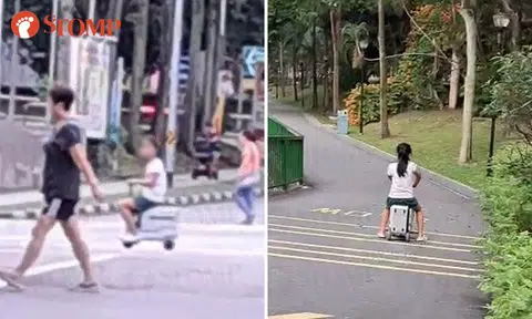Young girl rides motorised luggage in Jurong, no adult in sight