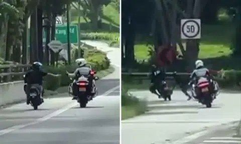 TP chase on KJE: Pillion rider jumps off motorcycle before biker skids and gets arrested