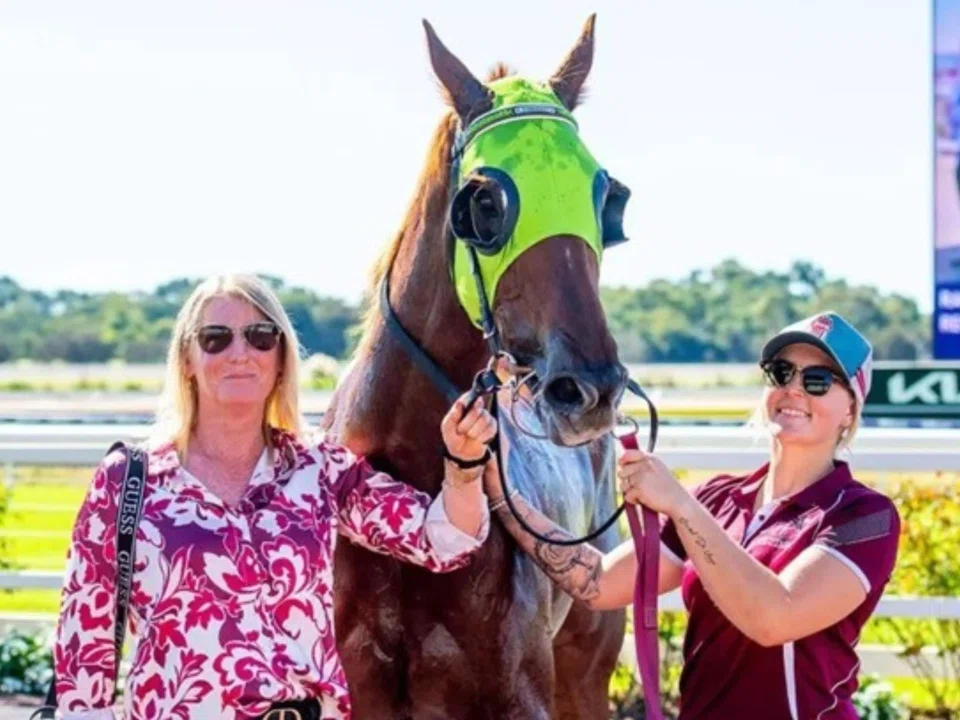 Trainer Meryl Hayley (far left) proudly leading in Deltason at his maiden win at Ascot in Perth on April 30.P
