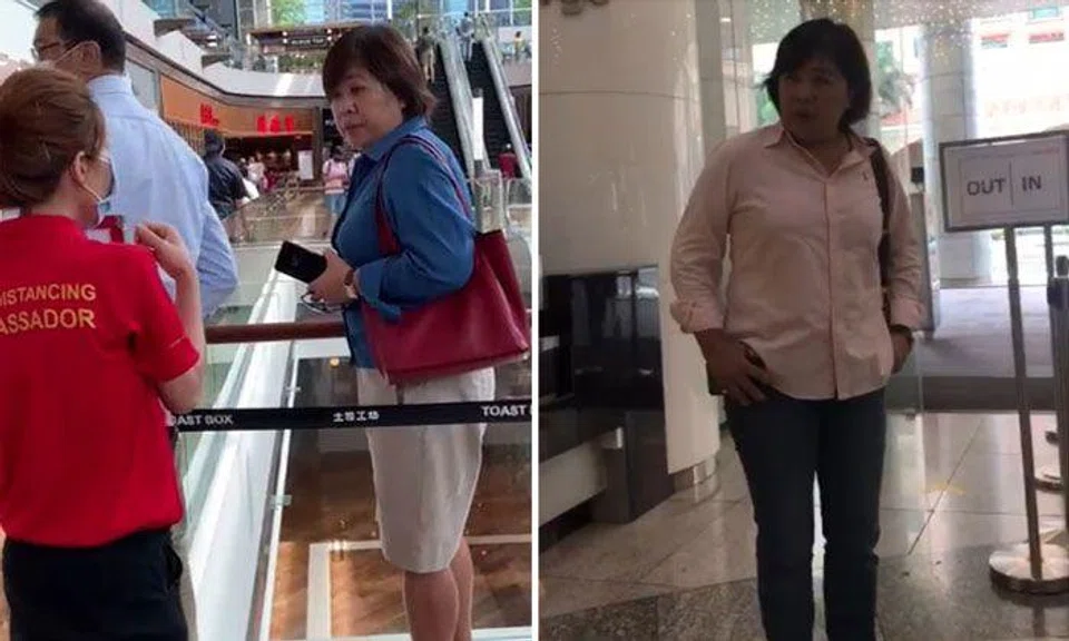 In the clip, a safe distancing ambassador can be seen trying to convince Phoon Chiu Yoke to put on a mask (left). PHOTOS: SCREENGRABS FROM FACEBOOK