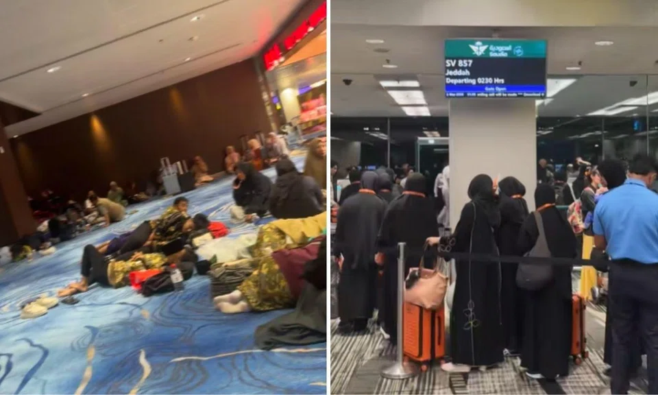 Groups of passengers were seen lying and sitting on the ground near a Scoot departure gate.