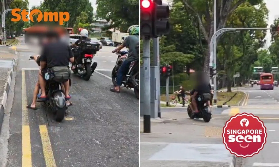 Two men on e-bike without helmets overtake cyclist along Tiong Bahru Road