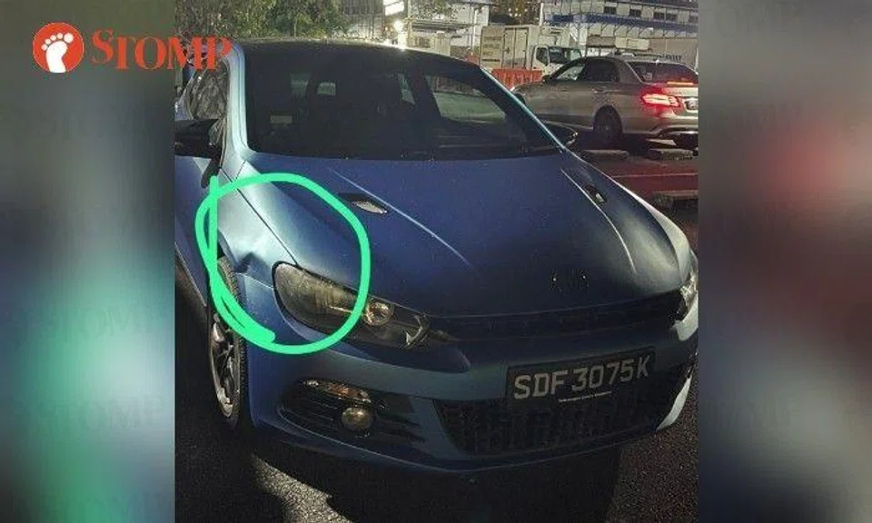 Stomper Ko Ko shared a photo of the blue Volkswagen Scirocco with a dent behind the right front headlight.