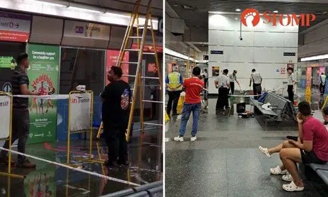 Stompers shared videos of water leaking from the ceiling inside Sengkang MRT station.