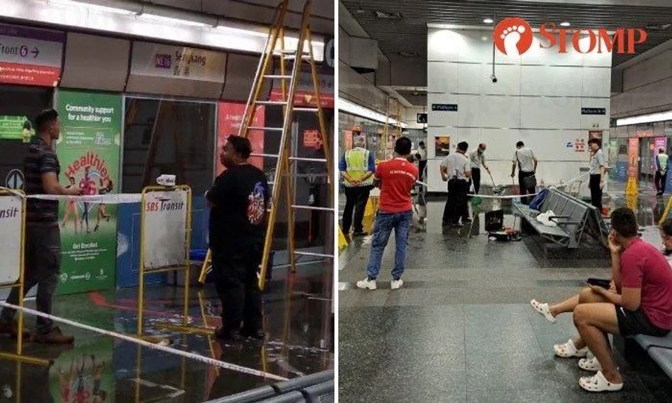 Stompers shared videos of water leaking from the ceiling inside Sengkang MRT station.