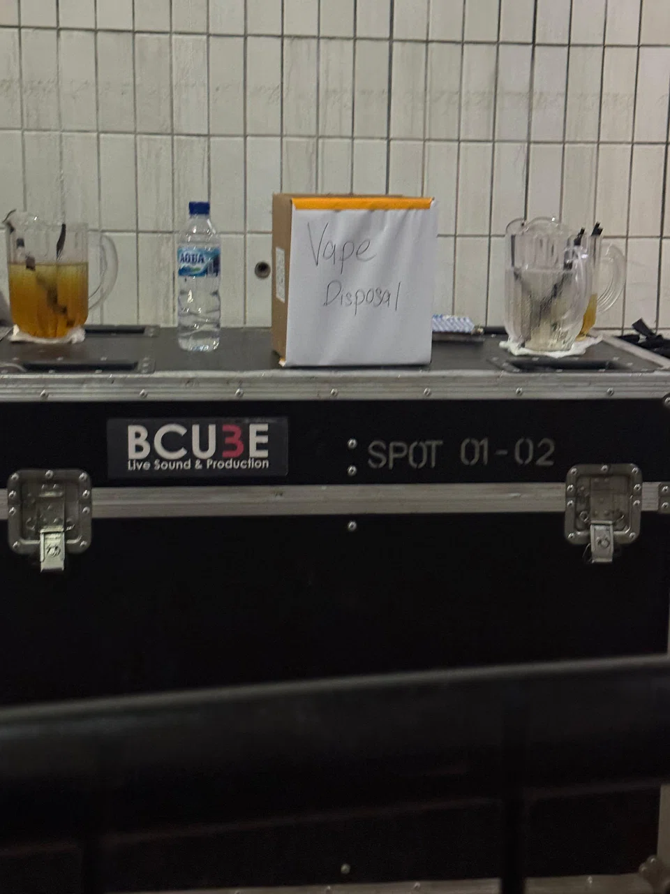 A vape disposal box placed at the entrance of Drip in Concorde Shopping Mall. Security staff walked around the club to check on patrons regularly.