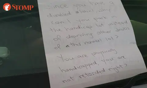 Elderly driver with walking stick gets nasty note for not parking in handicap lot at Hougang