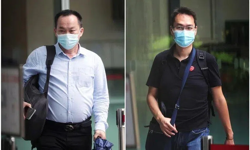 Leong Koon Wah (left) and Ng Kuan Chuan at the State Courts in March 2022. They were jailed on Jan 3 over a bogus investment scheme.