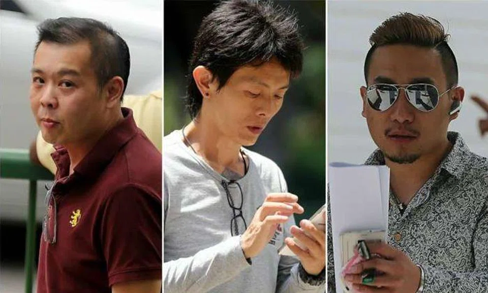 (from left to right) Andra Chew Keng Leng, Lim Boon Tiong, and David Tan, had pleaded guilty to being members of an unlawful assembly whose object was to harass a cashier at a Chinese soup stall. ST PHOTOS: WONG KWAI CHOW
