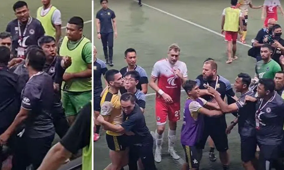 On Thursday, Tanjong Pagar head coach Hasrin Jailani and team manager Noh Alam Shah were held back by officials as they angrily gesticulated at the stands near the end of the match