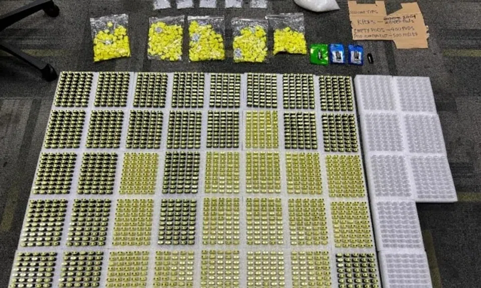 Among seized items in an HSA raid were e-vaporiser pods suspected to contain etomidate, an anaesthetic agent classified as a poison under the Poisons Act. 