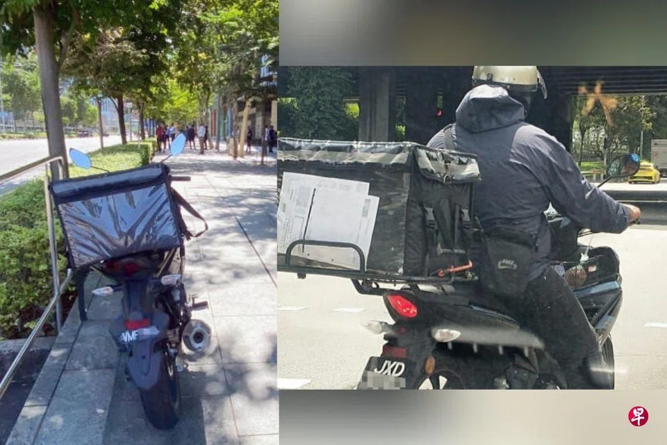 Left: A compliant delivery rider secretly snaps a photo of an alleged offender to report to the authorities. Right: Illegal riders are found islandwide, with some choosing to operate in industrial areas to avoid detection.