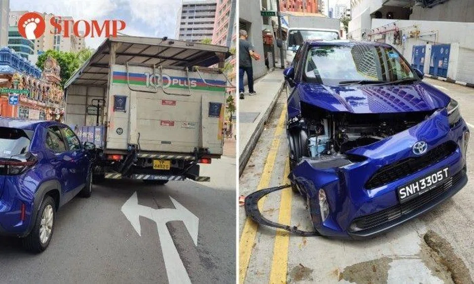 A private-hire car and a lorry were involved in an accident at Waterloo Street near Bencoolen Link.