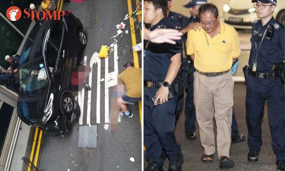 Malaysian Chong Kim Hoe allegedly drove onto a nearby footway, through a guard rail and onto a Lucky Plaza service road. PHOTOS: STOMP, ST FILE