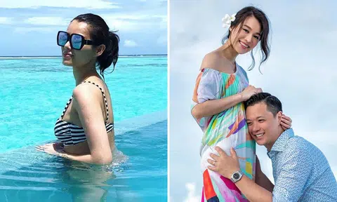 Myolie Wu's husband posts bikini photo of her and says, "Hot pregnant wife!"