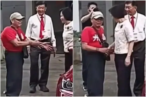 Screengrabs from a video showing Mr Leong Chee Leng (in red) extending his hand to greet Minister of State Gan Siow Huang.