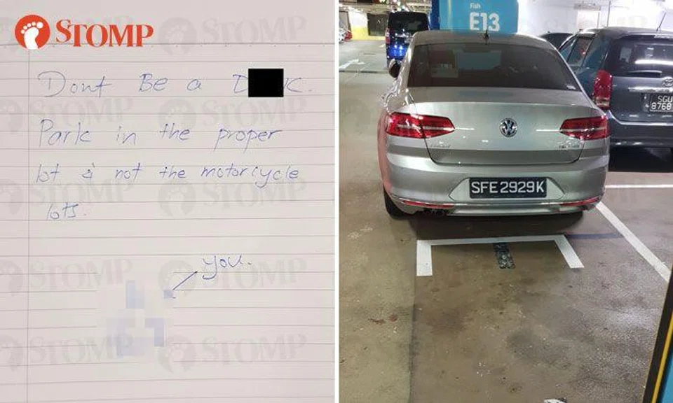 Volkswagen driver gets angry note after blocking 2 motorcycle lots at City Square Mall carpark