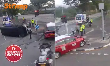 Van flipped on its side in accident with taxi near TPE flyover, driver assisting with police investigations